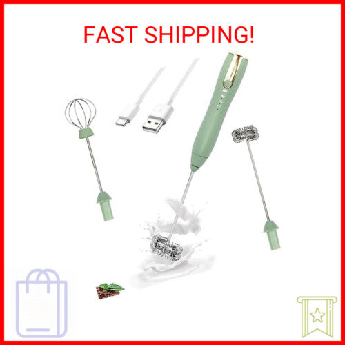Double Whisk Milk Frother Handheld USB-C Rechargeable Electric Drink Mixer Green