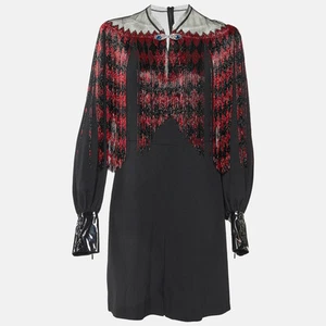 Mini robe Gucci noire crêpe diamant perles frangées M