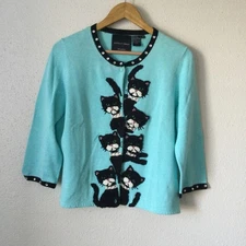 Rare Vintage Michael Simon Cat Embroidered Sweater Blue Button 2002 Y2K Read