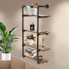 4-Tier Industrial Pipe Wall Shelf -Steel Wood Storage Rack for Cups Books Plants
