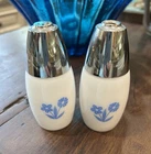Vintage Gemco Blue Cornflower 3.5" Milk Glass / Chrome Salt & Pepper Shakers EUC