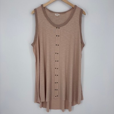 POL Tank Top Womens L Pink Ribbed Button Front Crochet Trim High Low Boho Tunic