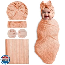 Golener Muslin Swaddle Blankets - Sleepea Swaddle with Bow Headbands, Hats Se