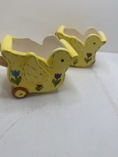 Pair Of  Yellow Ceramic Duck Planters With Wheels And Floral Decoration H 3.75&rdquo;