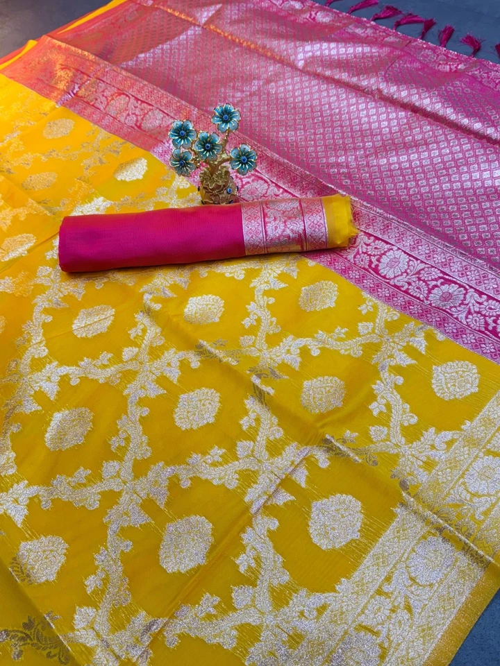 Yellow Saree Bollywood Wedding New Design, Customized Blouse Design Party Saree1 - Image 2 of 2