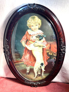 Antique Oval Wood Frame with Convex/Bubble Glass Girl and Dog 23" X 16 3/4"
