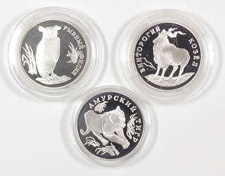 TREFF Russland Silber Lot 3x 1 Rubel 1993 PP Tiere Rote Liste Uhu Ziege Tiger