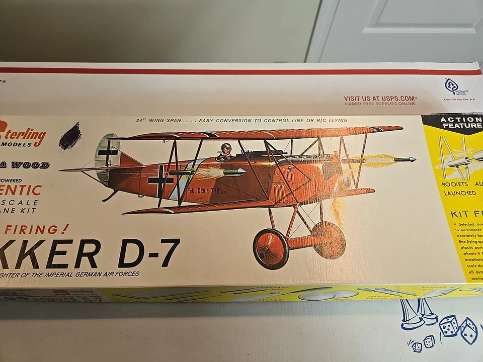 Vintage Airplane Model Kit Sterling FOKKER D-7 in Box Rocket Firing  - Image 3 of 4