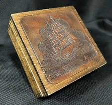 Vintage Handmade Wooden Trinket Keepsake Box With Leather Sailboat Ship Inlay