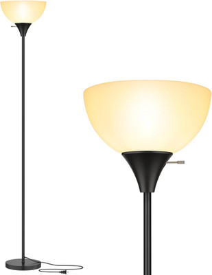 Floor Lamp, LED Standing Lamps with White Plastic Shade, Black Modern Torchiere