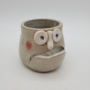 Funny Face Mini 3" Pottery Planter Pot ~ stone colored with open mouth funny