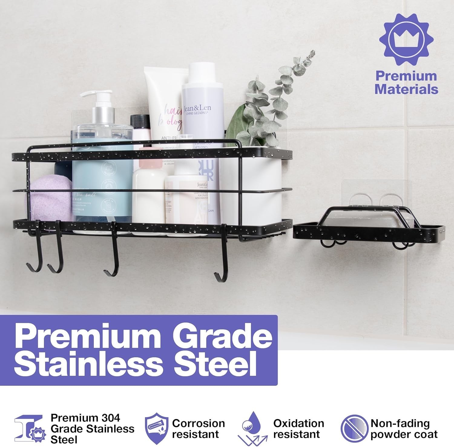 Bathroom Shower Organizer Stainless Steel No Drill Rustproof 4 Hooks Storage