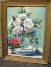 Vintage 1960s Framed Paint by Number - Flowers in a Vase w/ Butterfly