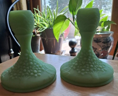 Fenton Art Glass Apple Blossom Lime Green Satin Candlesticks - Pair