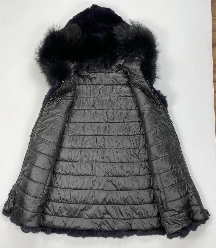 MITCHIE'S Reversible Nylon/Rabbit Fur Vest W/ Silver Fox Trim Navy Black Medium - Image 3 of 4