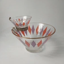  Vintage MCM Anchor Hocking Harlequin Chip and Dip Bowl Set With Holder RARE  