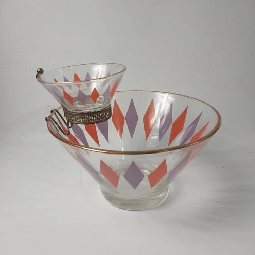 Vintage MCM Anchor Hocking Harlequin Chip and Dip Bowl Set With Holder RARE