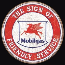 Mobil Gas The Sign Of Friendly Service Tin Metal Man Cave Garage Decor 12” Dia.