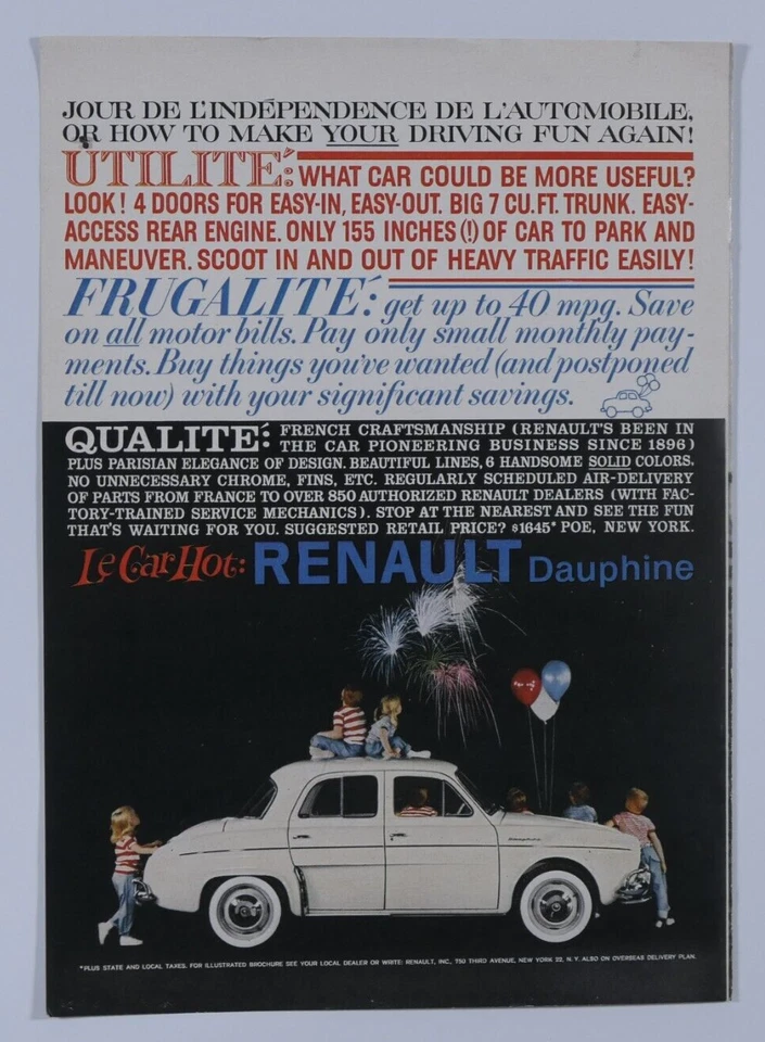 Renault Dauphine Le Car 1959 vintage blanco anuncio impreso original 8,5 x 11" Foto 4 de 4