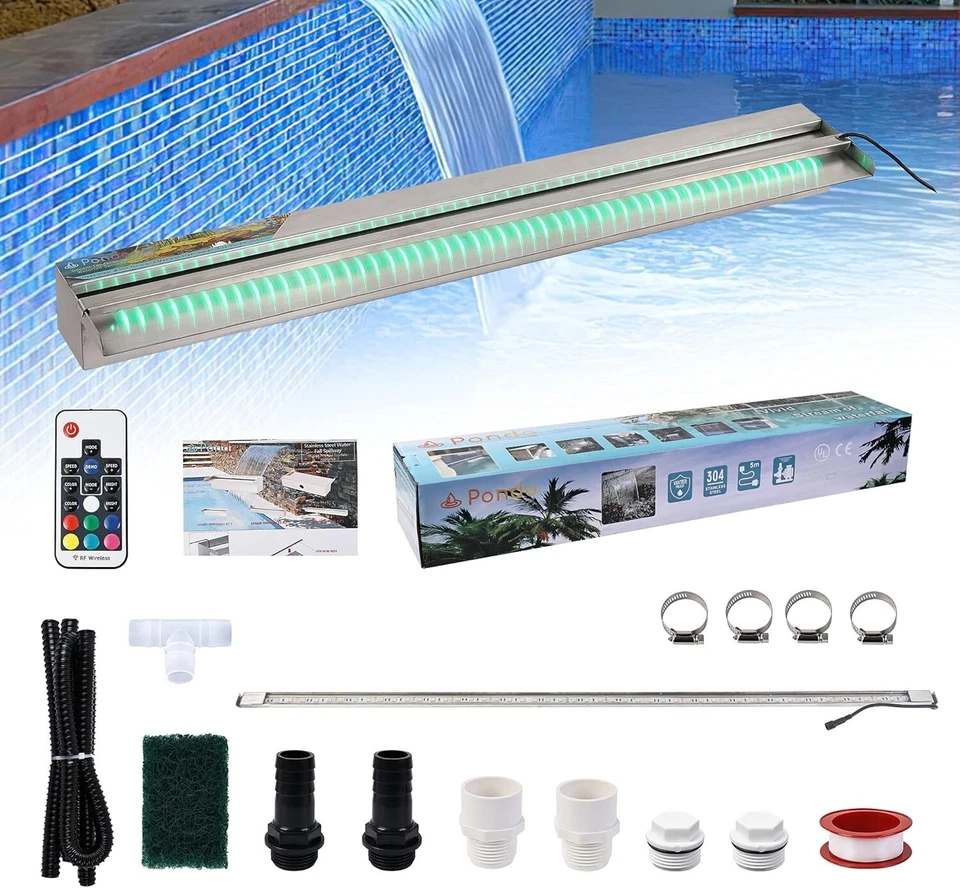 Stainless Steel 36" Waterfall Fountain - Lighted LED Design with Remote Control - Image 3 of 4