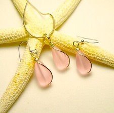 Soft PINK petite sea glass custom design teardrop wrapped set 20" necklace
