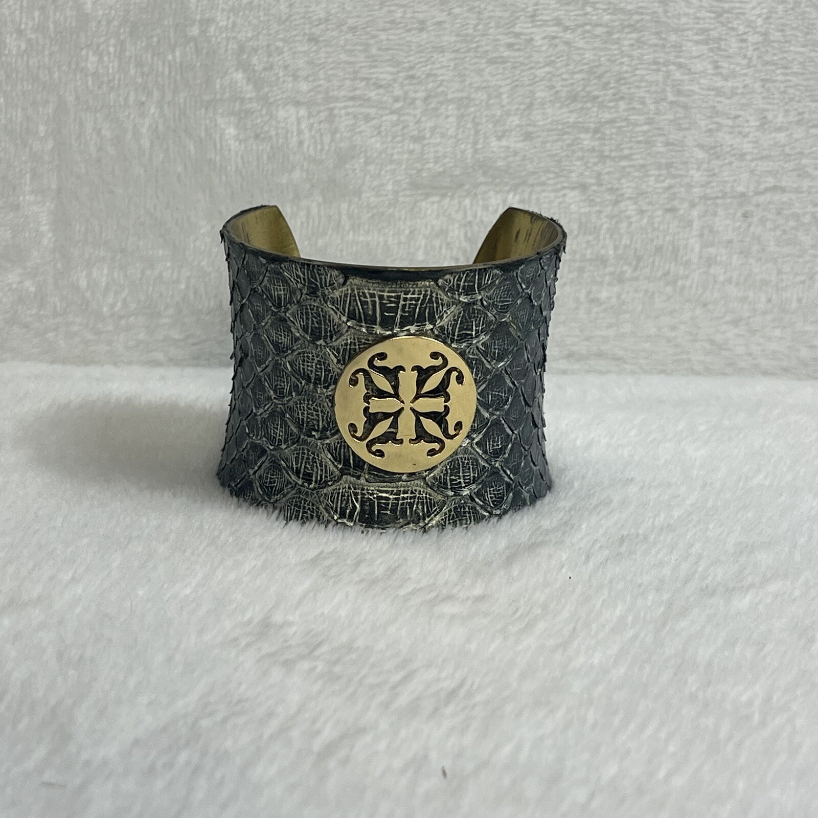 Vintage Rustic Cuff Bracelet Python Snakeskin Jew… - image 1