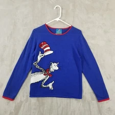 Vtg Michael Simon Sweater Women M Dr Seuss Sequin Blue Cat in the Hat Teacher