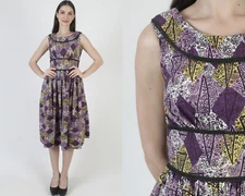 Vintage 50s Atomic Print Dress Metal Side Zipper Rockabilly MCM Mod Sundress