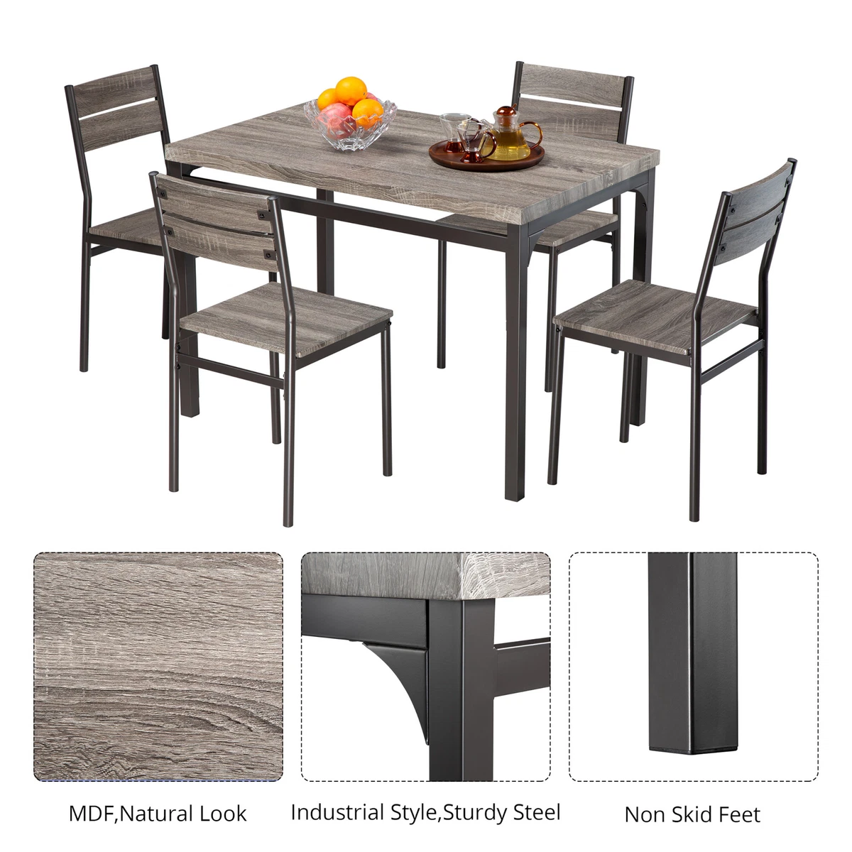 Zenvida Dining Table Set For 4 Rustic Grey 5 Piece Dinette Set