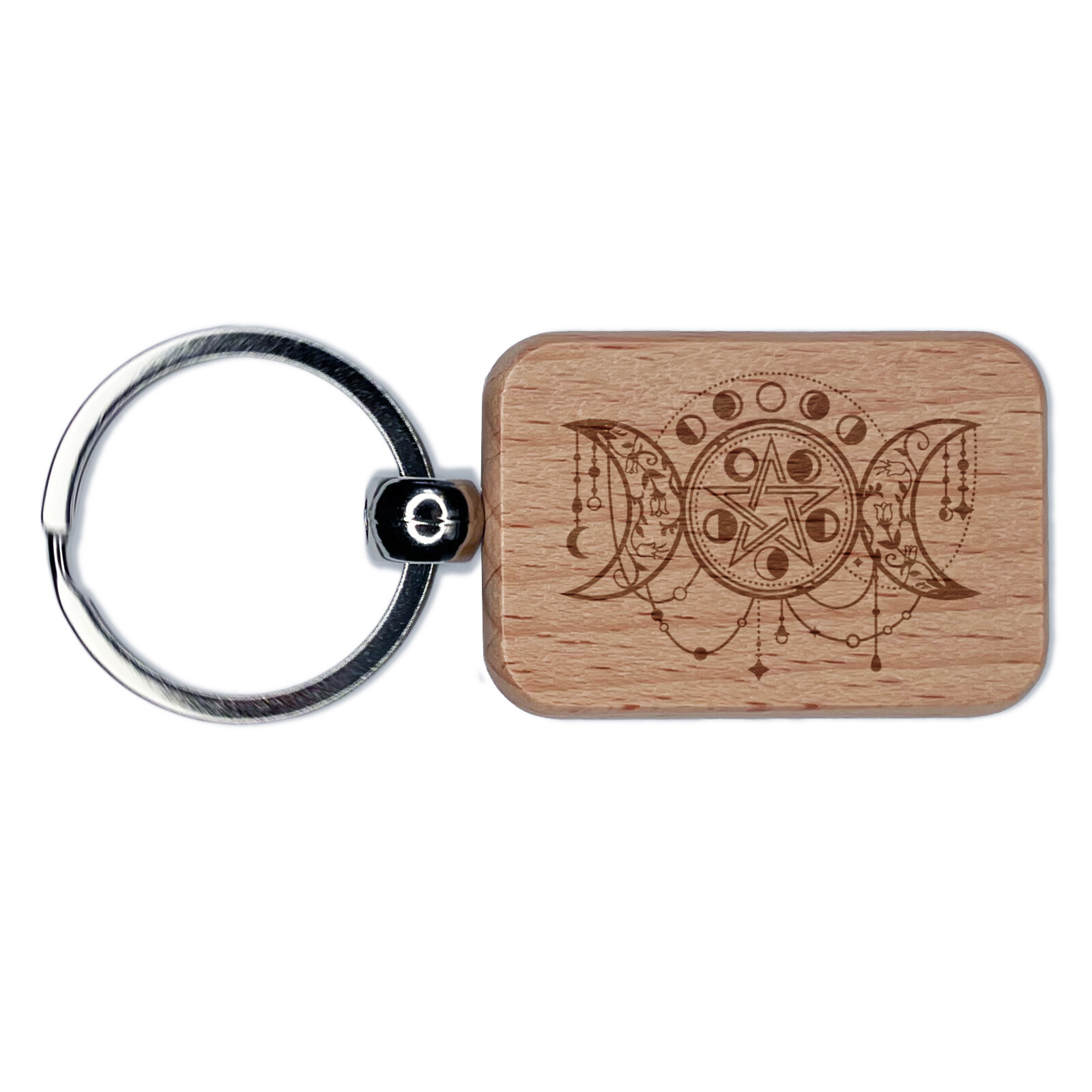 Triple Goddess Moon Waxing Full Waning Pentacle Engraved Wood Rectangle Keychain
