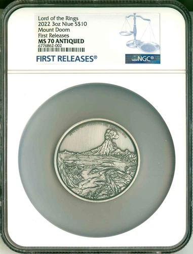2022 Niue S$10 3 Oz Lord Of The Rings Mordor Mount Doom FR NGC MS70 Antiqued OGP