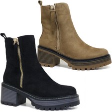 LADIES PUNK GOTH CHUNKY WINTER WALKING CHELSEA ARMY COMBAT ANKLE ZIP UP BOOTS