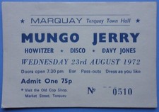 Mungo Jerry Concert Ticket August 23, 1972 Town Hall Torquay, Devon, England