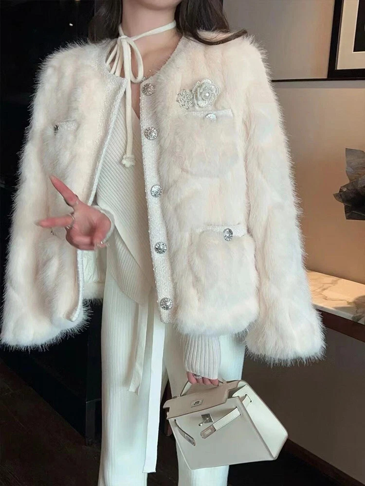 OFF WHITE Lussuoso cappotto pelliccia di volpe invernale donna corto pelliccia di volpe giacca slim caldo cappotti festa