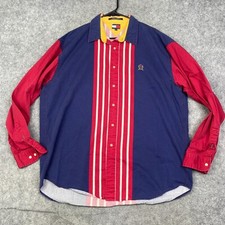 Vtg Tommy Hilfiger Men's Button Up XL LS Shirt ColorBlock Crests/Flags