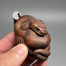 Ornamento statua serpente fortunato intagliato vecchio legno di bosso netsuke giapponese vintage 2,4 pollici