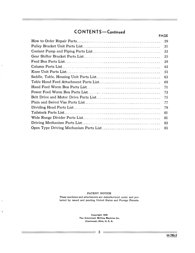 Cincinnati 1, 2, 3,&4 Milling Machine Dial Type Service & Parts List Manual *399 - Image 3 of 4
