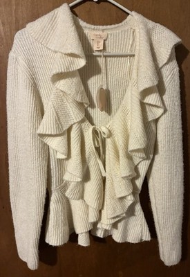 Camila Coelho Ivory Rib-Knit Ruffle V-Neck Long Sleeve Cardigan Sweater S
