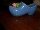 Vintage McCoy Blue Pottery Shoe Planter With  Pink Rose