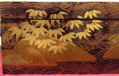 Japanese writing box Aizu lacquer black painted wooden Aiguchi Bunko text color