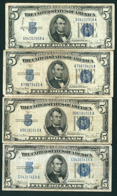 ((4 NOTES)) $5 1934 Silver Certificate Note ** PAPER CURRENCY AUCTIONS