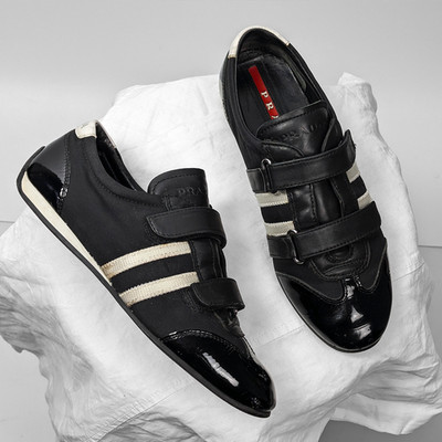Prada Sport 2000s Y2K Striped Patent Leather Black Trainers LowSneakers EU37 US7