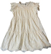 Tiered Floral Embroidery Dress Juniors Sz L Ivory Eyelets Ruffles Boho Romantic