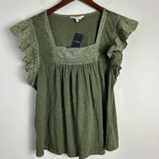 Lucky Brand Top Womens XL Green Knit Ruffle Sleeve Embroidered Cottage Peasant