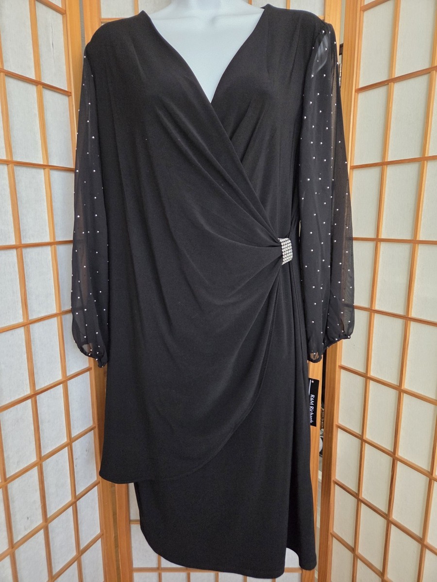 NWT R&M RICHARDS BLACK STRETCH POLYESTER SHEATH ASYMMETRICAL EVENING DRESS  14