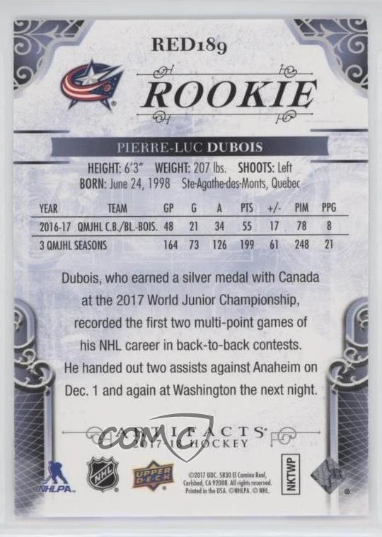 2017-18 Upper Deck Artifacts Rookie Redemptions Emerald /99 Pierre-Luc Dubois RC - Image 2 of 2