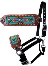 Showman Bronc Halter w/ Bright Multi Color Beaded Navajo Design Noseband