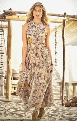 SUNDANCE CATALOG  Jenny Dress Sand Floral Pink Tiered Mesh Maxi Gown LARGE NWT