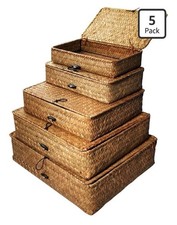 5 Pcs Seagrass Basket with Lid 5 Sizes Decorative Storage Boxes Rattan Wicker