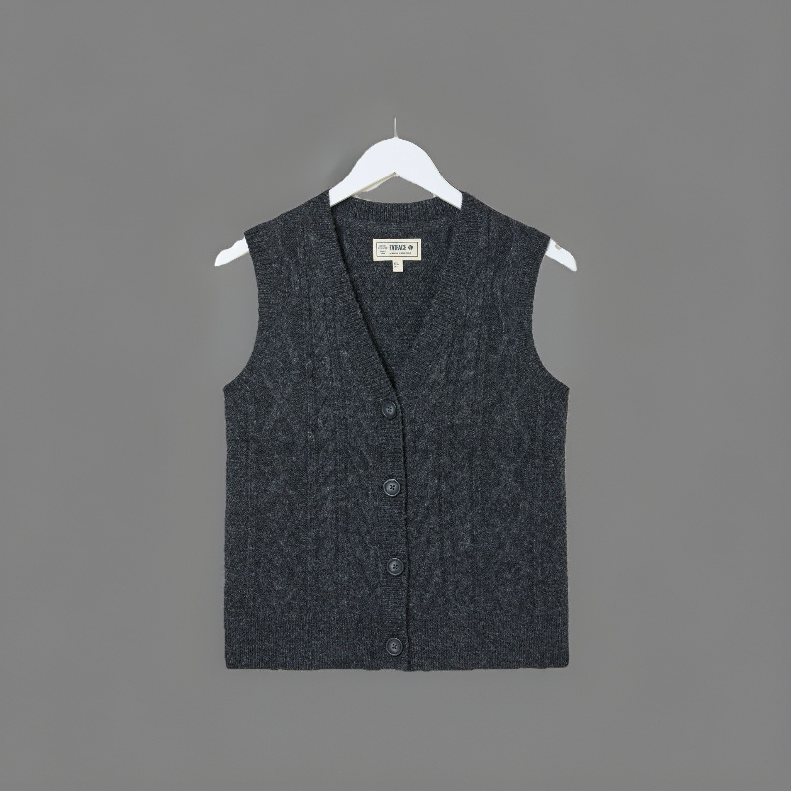 Fatface Macy Charcoal Grey Cable Knit Wool Blend Buttoned Waistcoat Uk 14 image 2